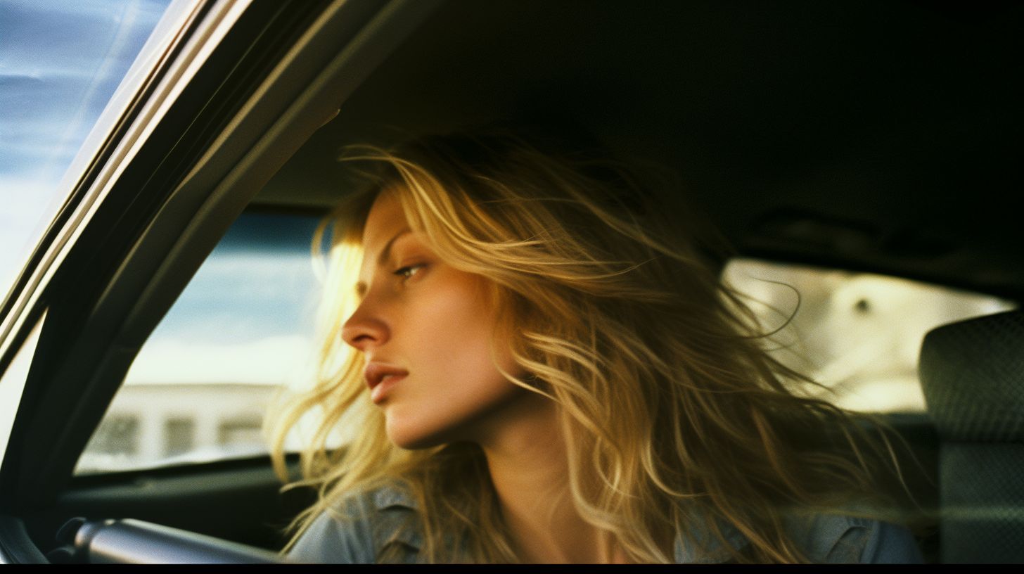 a woman sitting in a car looking out the window