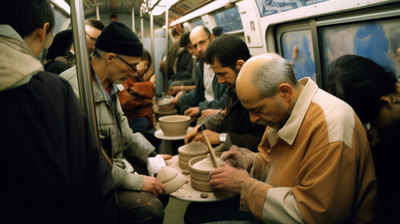 a group of people sitting on a subway train