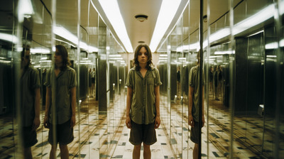 a man standing in front of a mirror in a hallway