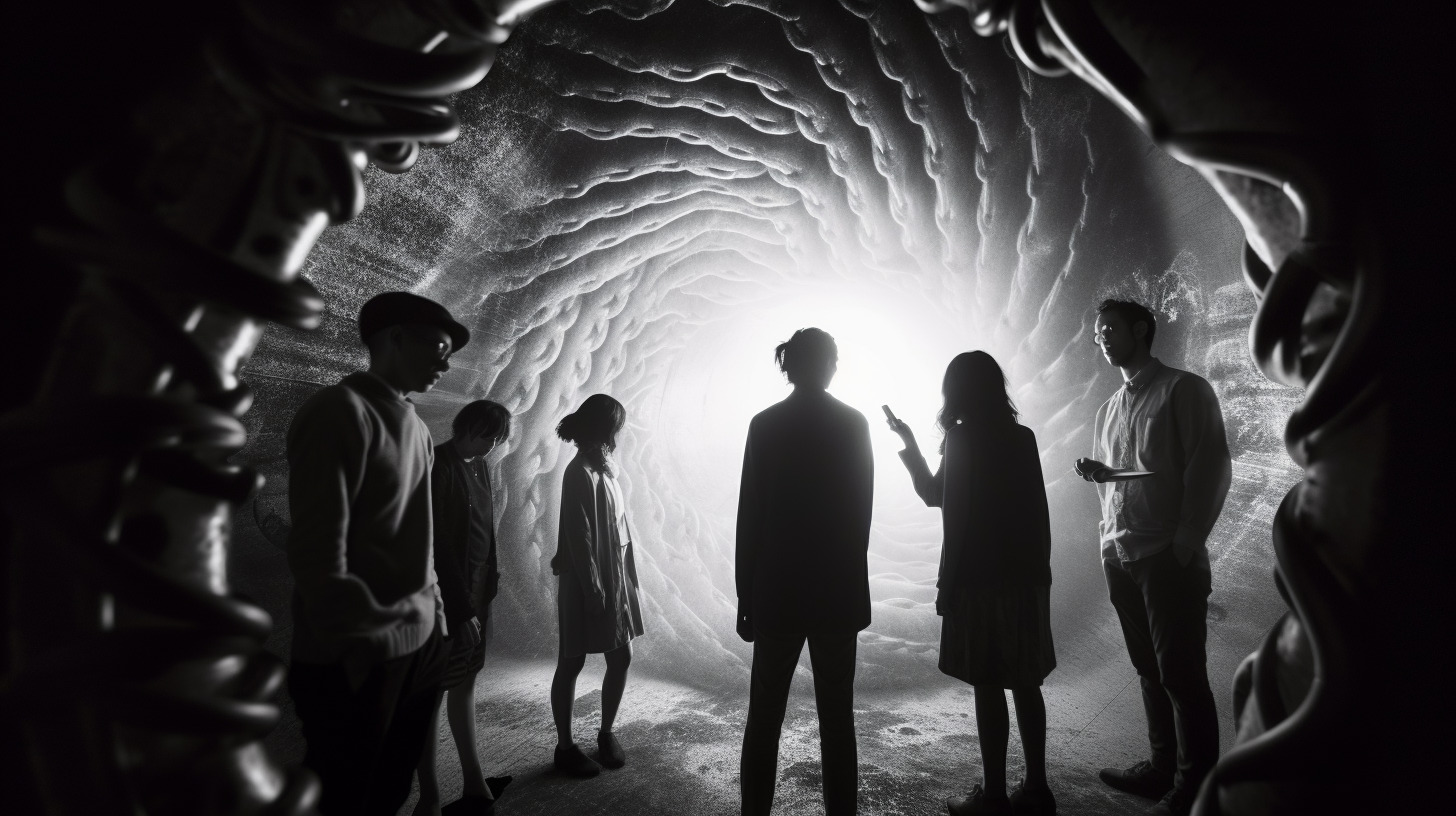 a group of people standing in a dark tunnel