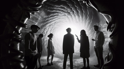 a group of people standing in a dark tunnel
