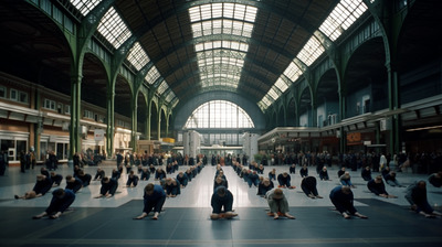 a large group of people sitting in a train station