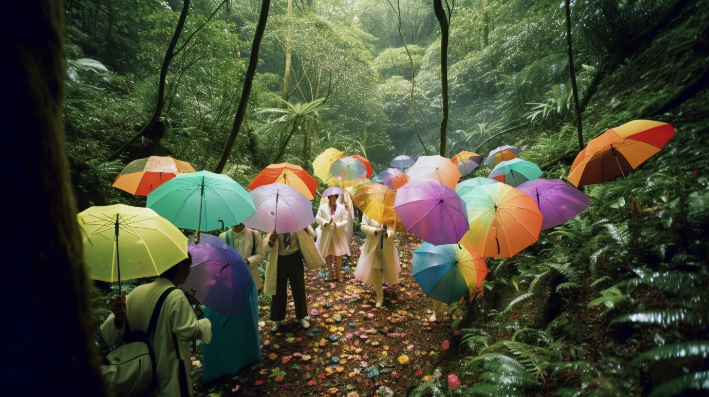 a group of people walking through a forest holding umbrellas