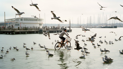 a man on a bicycle surrounded by seagulls