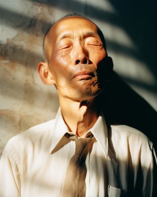 a man with his eyes closed wearing a shirt and tie