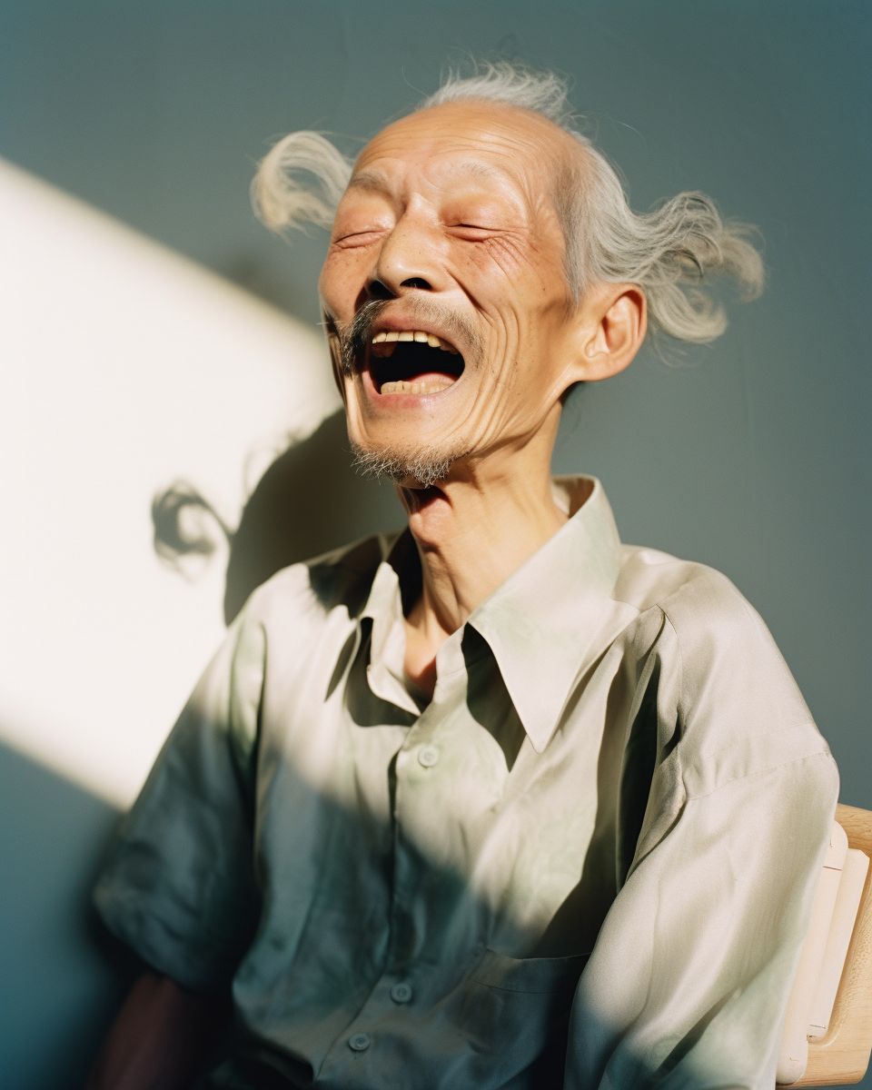 an old man laughing while sitting in a chair