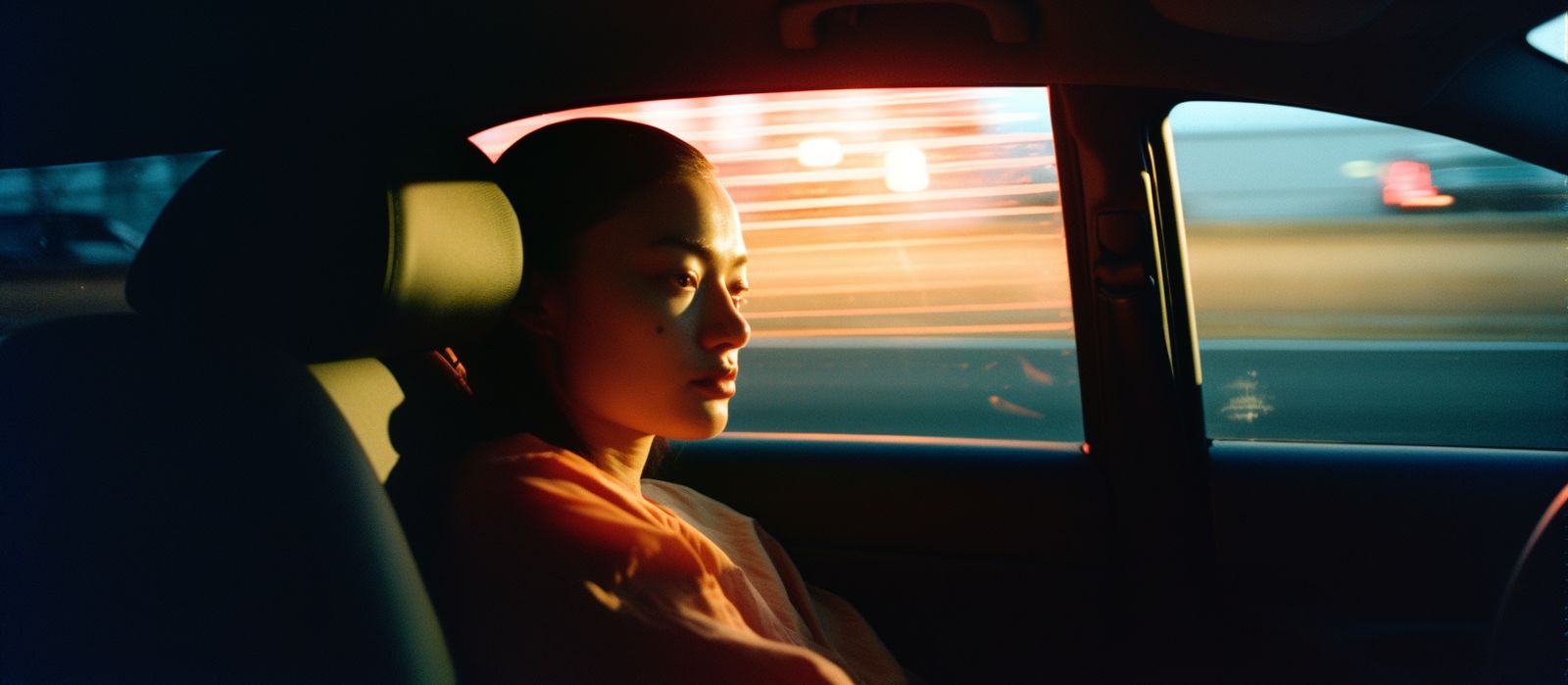 a woman sitting in the passenger seat of a car