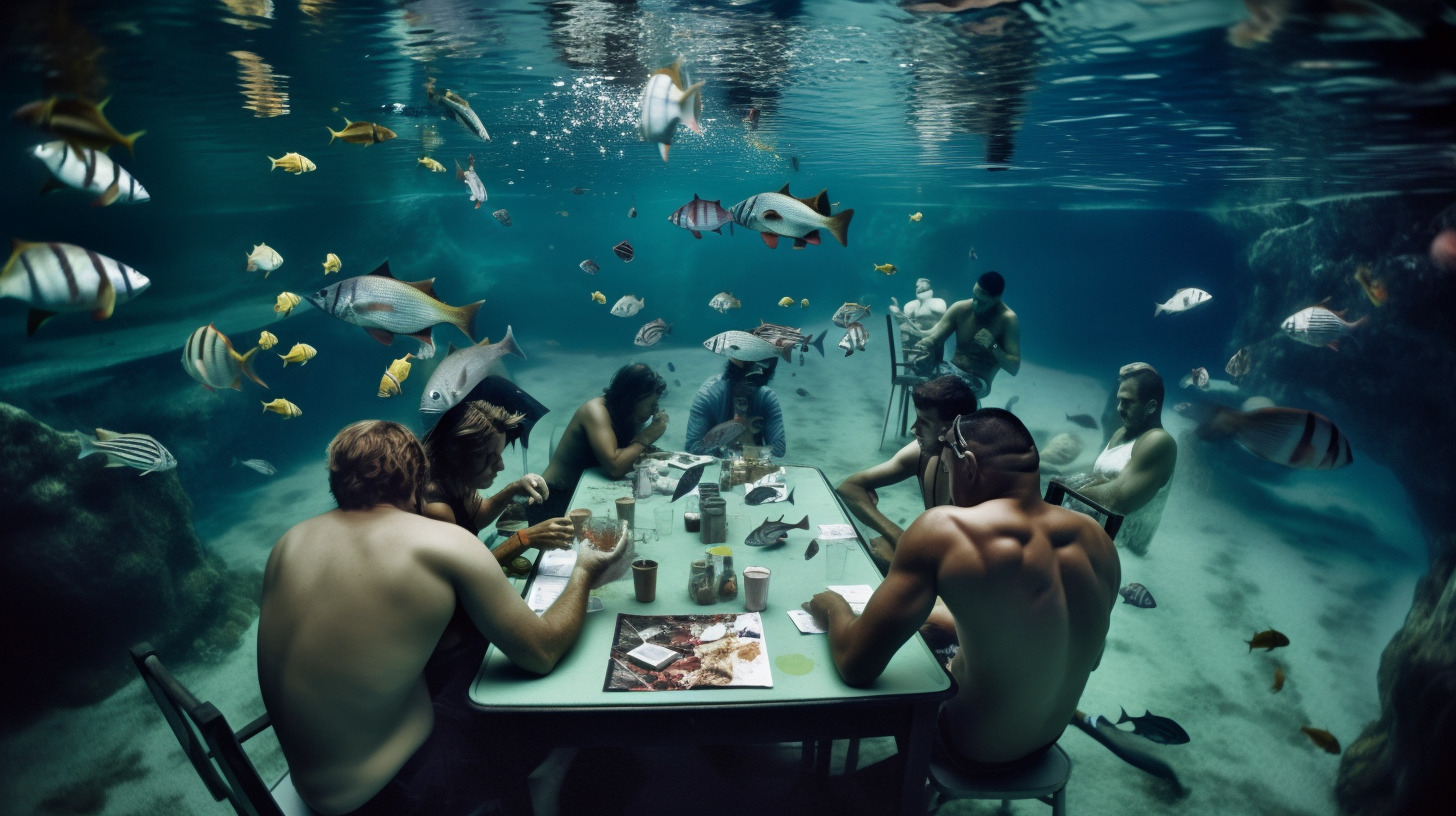 a group of people sitting at a table under water