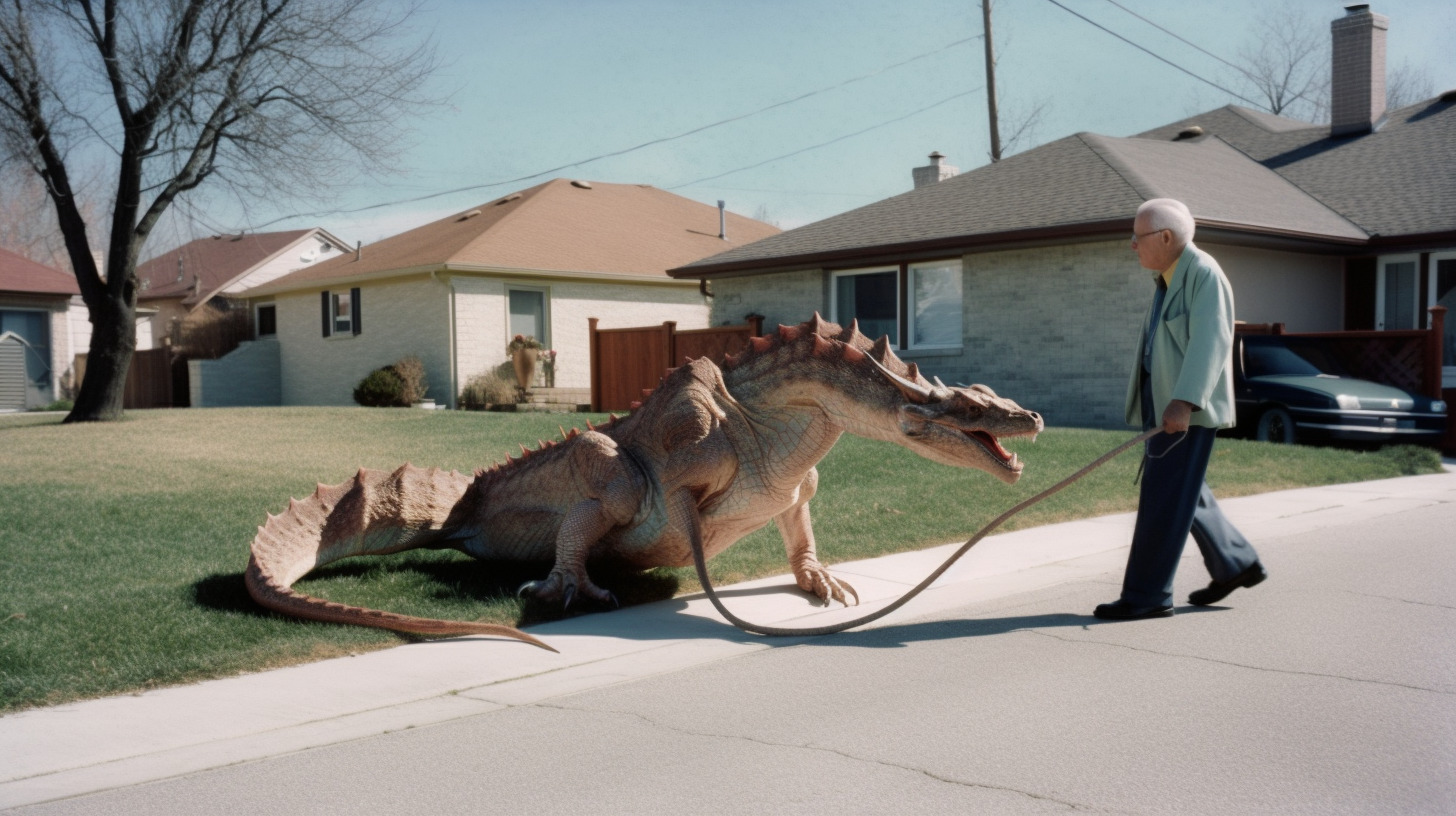 a man is walking a fake dragon on a leash