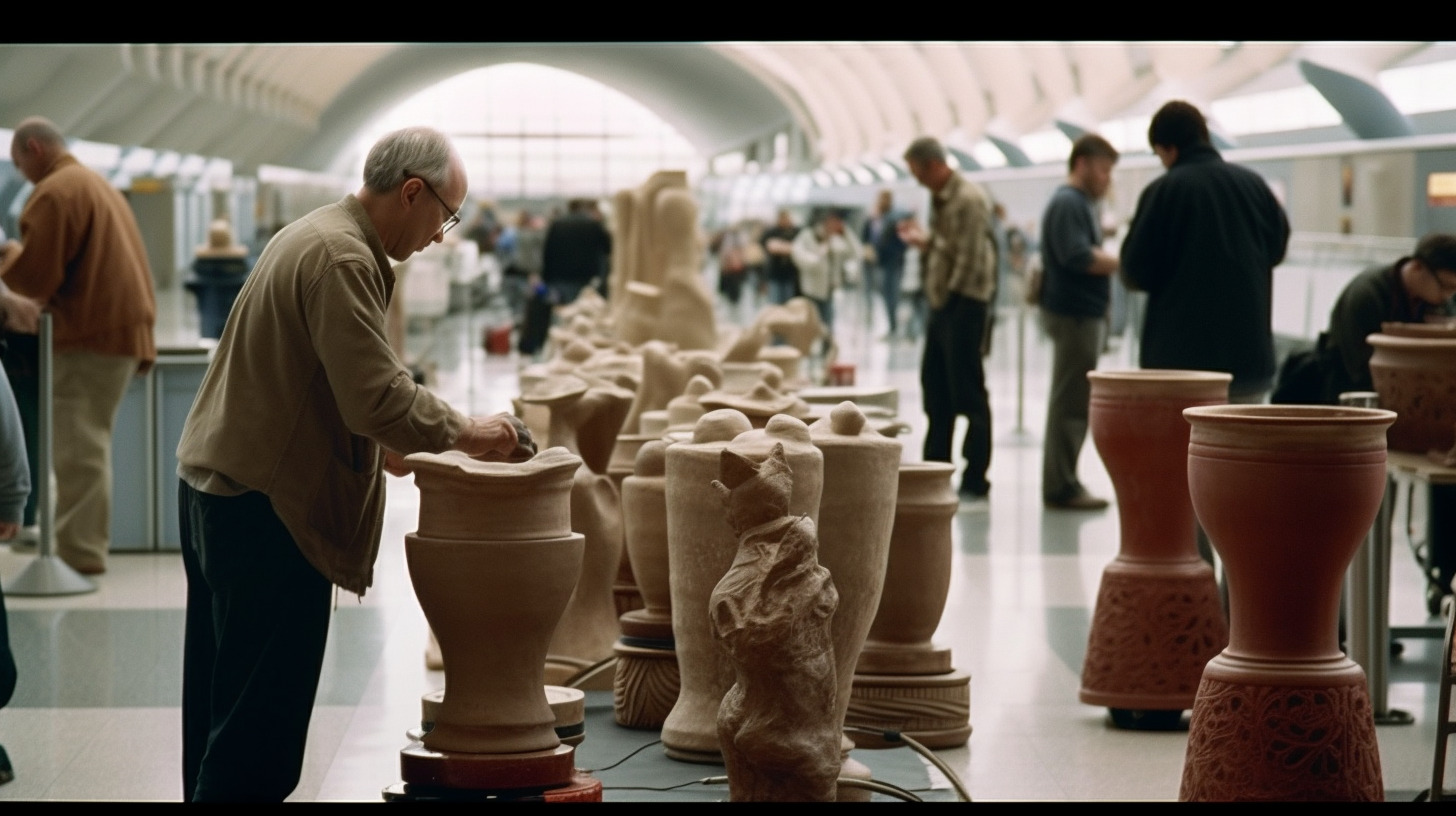 a group of people standing around a room filled with vases