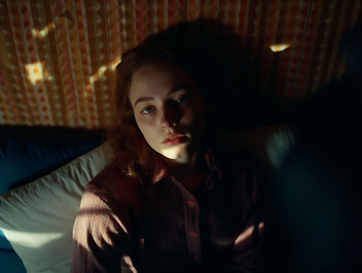 a woman sitting on a bed in the dark