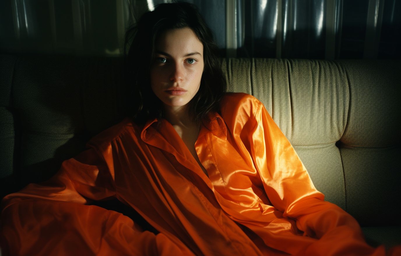 a woman in an orange robe sitting on a couch