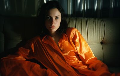 a woman in an orange robe sitting on a couch