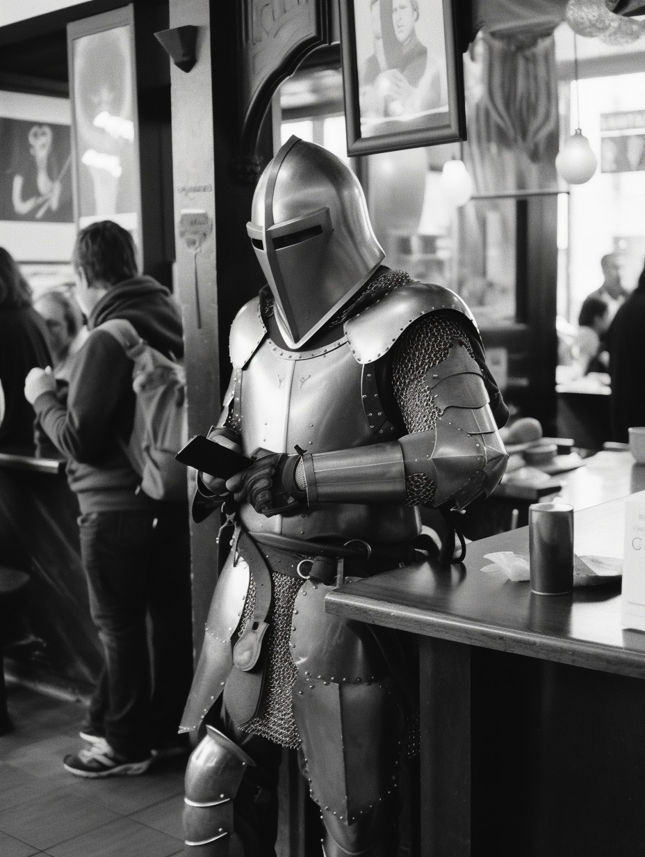 a man dressed as a knight in a restaurant