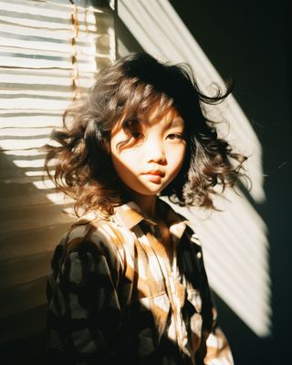 a woman standing in front of a window with her hair blowing in the wind