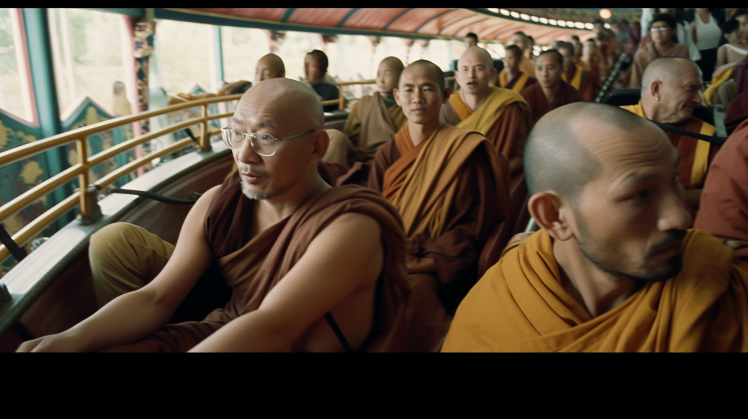 a group of monks sitting on a bus