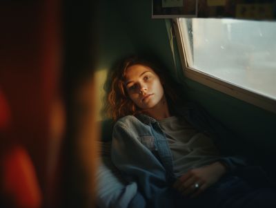 a woman sitting on a train looking out the window