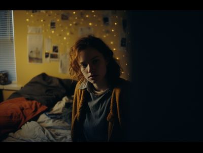 a young girl sitting on a bed in a bedroom