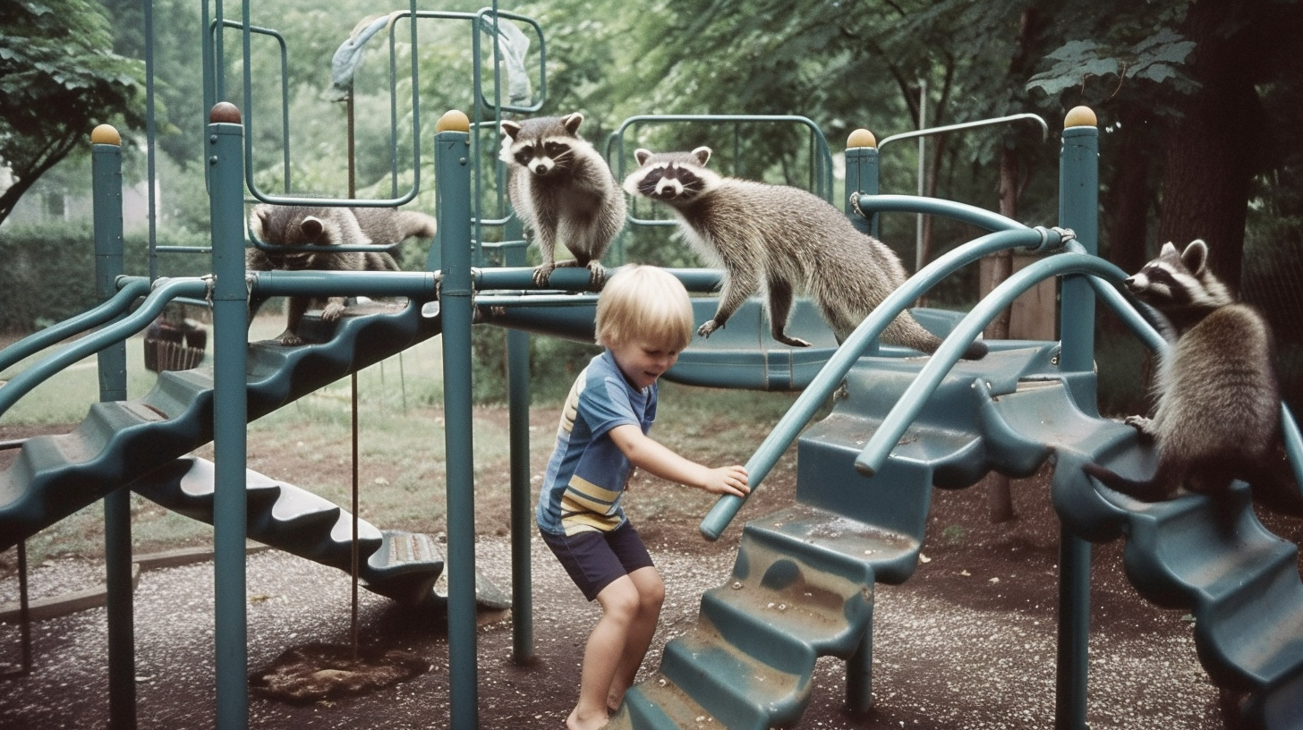 a little boy playing on a playground with raccoons