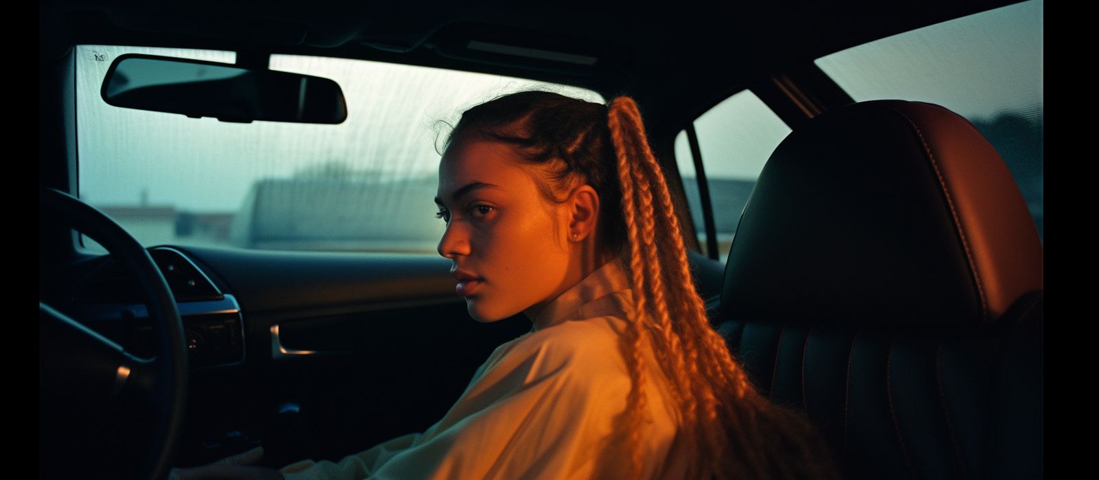 a woman driving a car with a braid in her hair