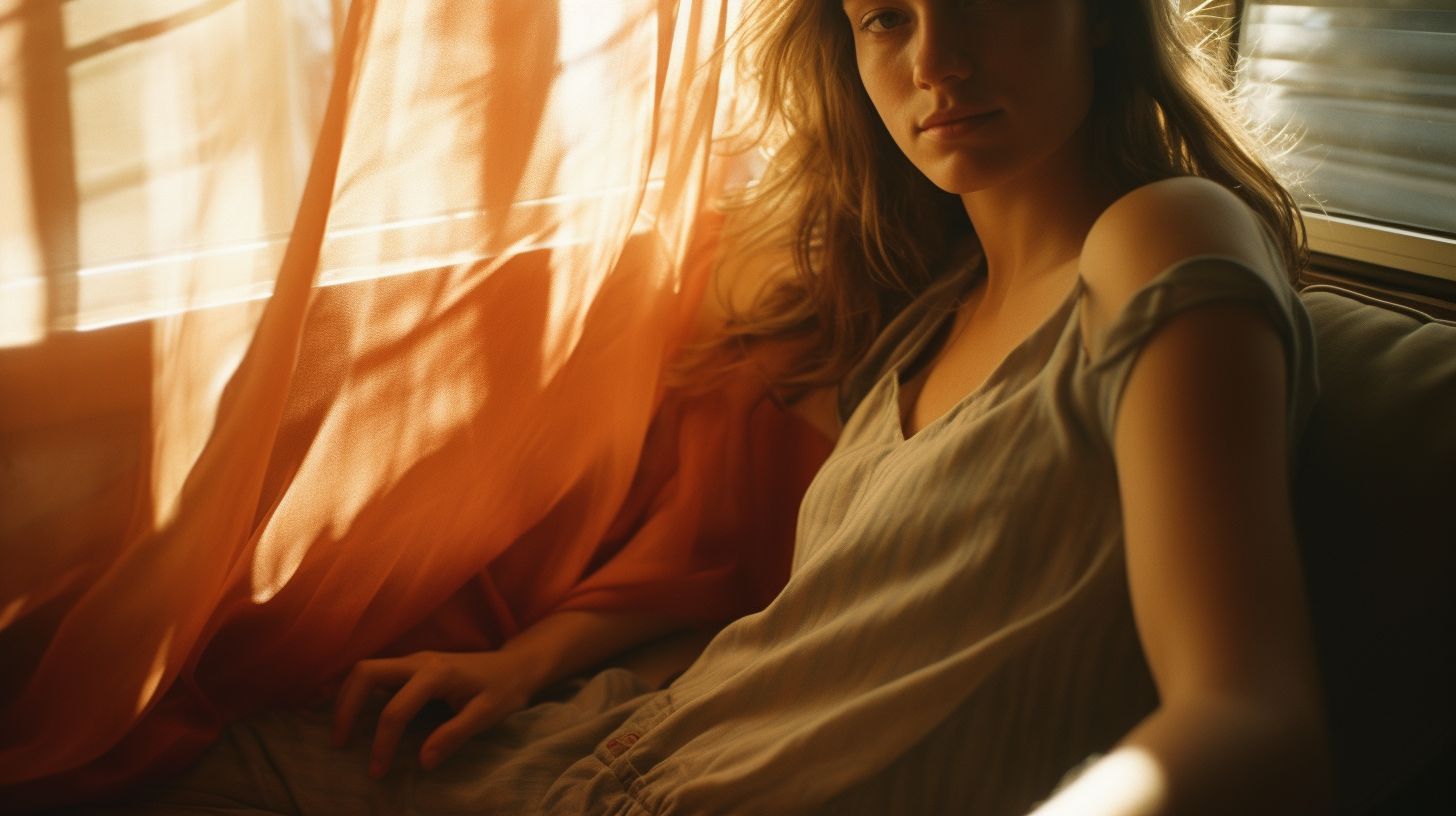 a woman sitting on a couch in front of a window