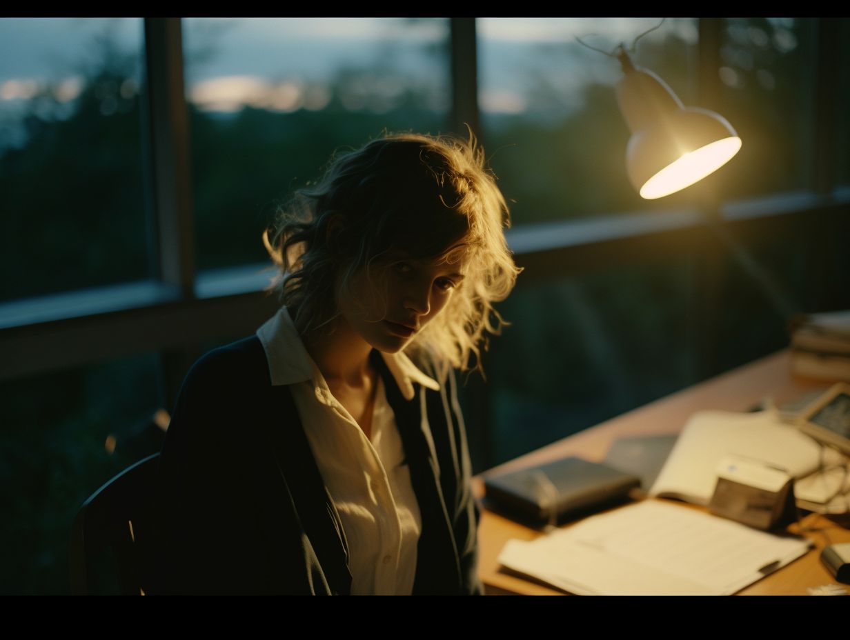 a woman sitting at a desk in front of a window