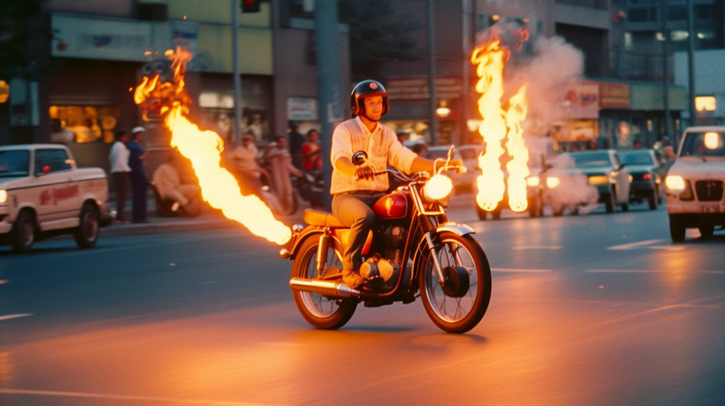 a man riding a motorcycle down a street filled with fire