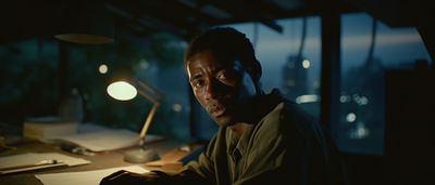 a man sitting at a desk in a dark room