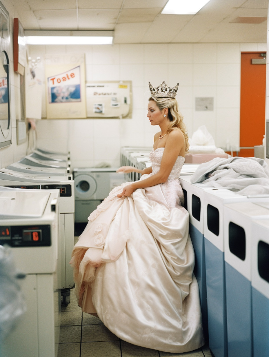 a woman in a dress and a crown sitting on a washing machine