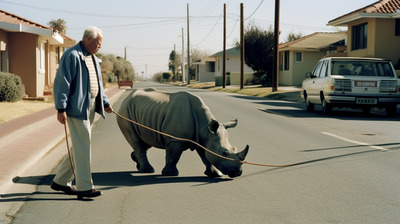 a man walking a rhino down a street