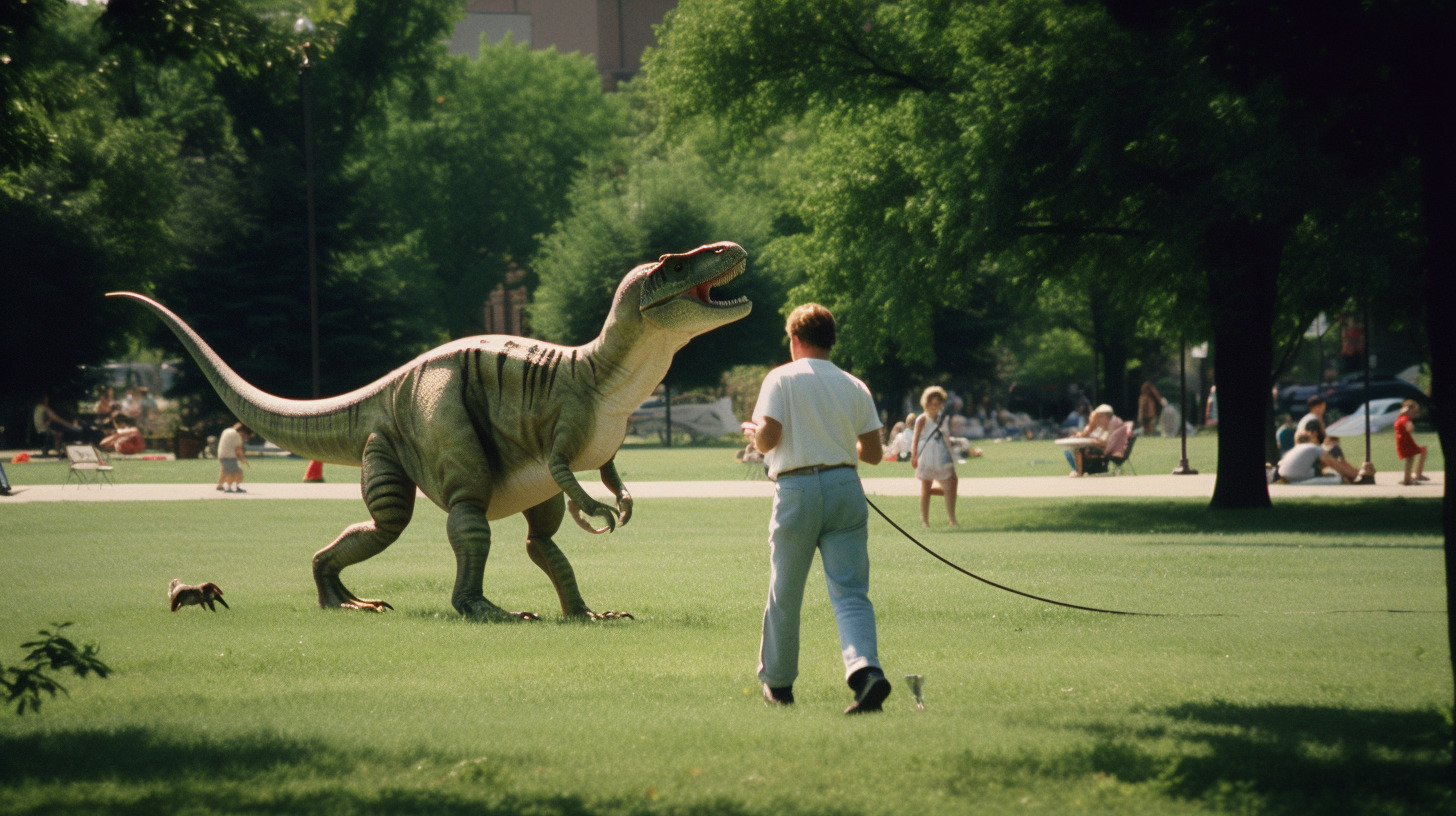 a man walking a dinosaur in a park