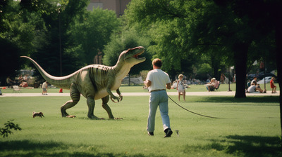 a man walking a dinosaur in a park