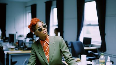 a woman in a suit and tie sitting at a desk