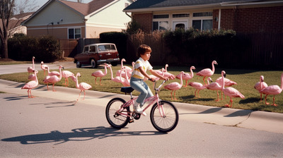 a young boy riding a bike past a flock of flamingos