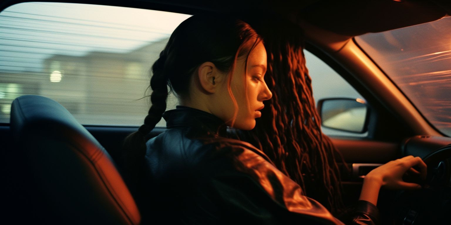 a woman sitting in a car with a steering wheel