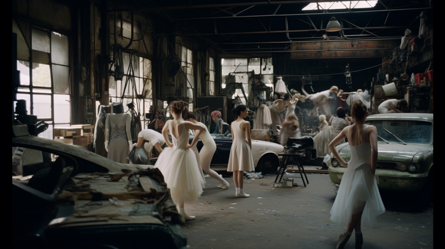 a group of women in dresses standing in a garage