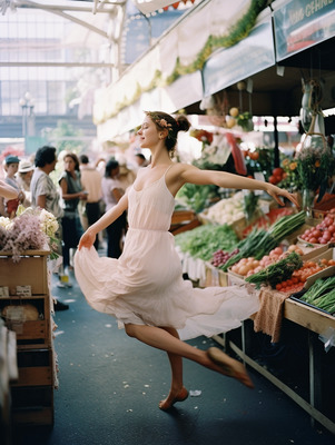 a woman in a dress is dancing in a market