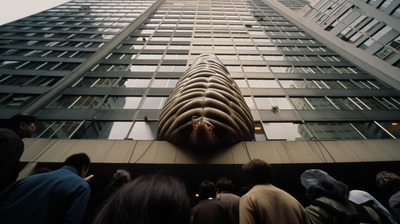 a group of people standing in front of a tall building