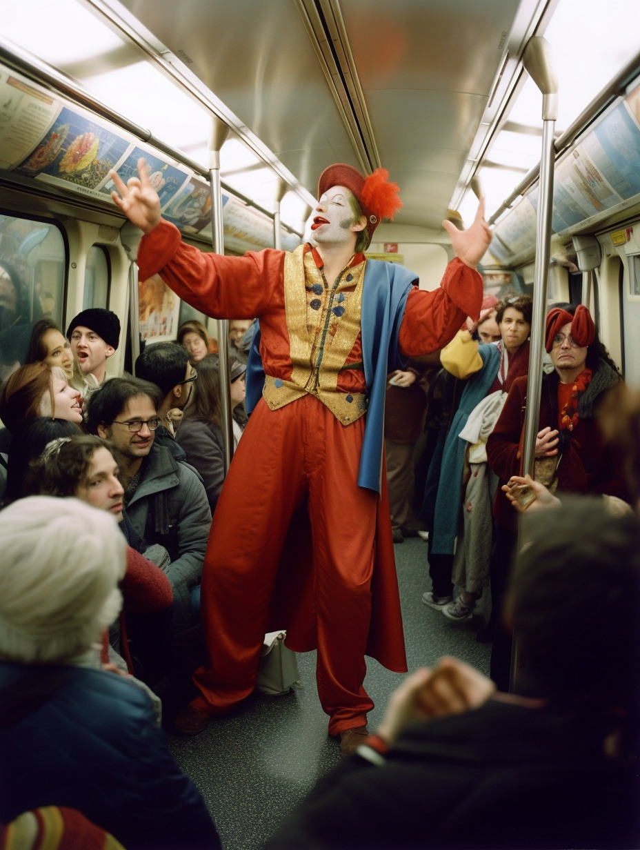 a man dressed as a clown riding on a subway