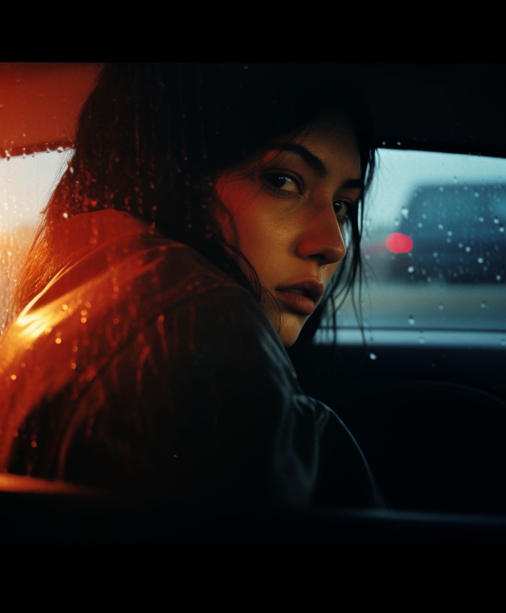 a woman sitting in a car in the rain