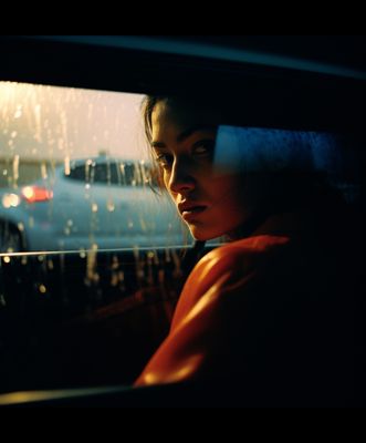 a woman sitting in a car in the rain