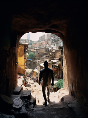 a man walking through a tunnel in a city