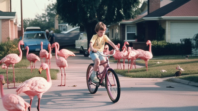 a little boy riding a pink bike in front of a flock of flamingos