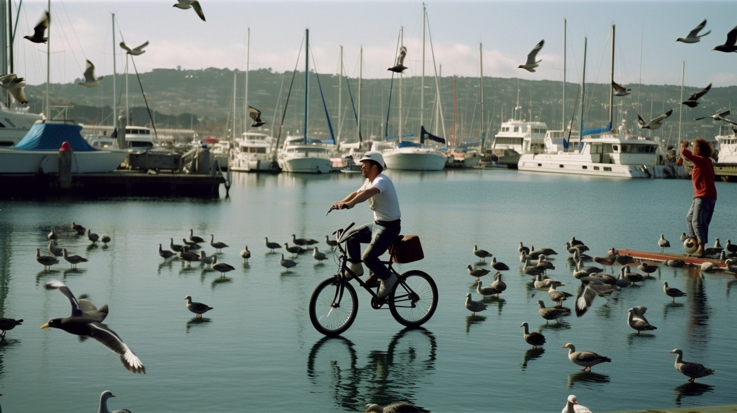 a man riding a bike through a flock of birds