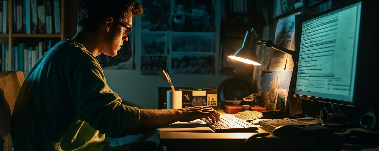 a man sitting in front of a computer at night