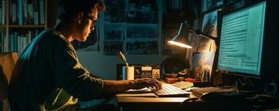 a man sitting in front of a computer at night