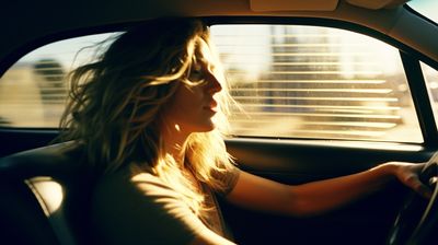 a woman driving a car in the sun