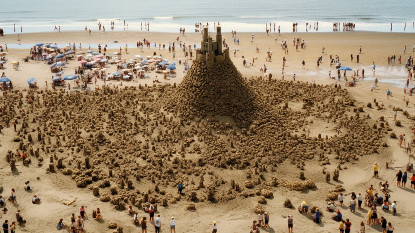 a group of people standing on top of a sandy beach