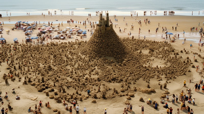 a group of people standing on top of a sandy beach