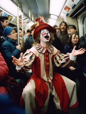 a man dressed as a clown riding on a train